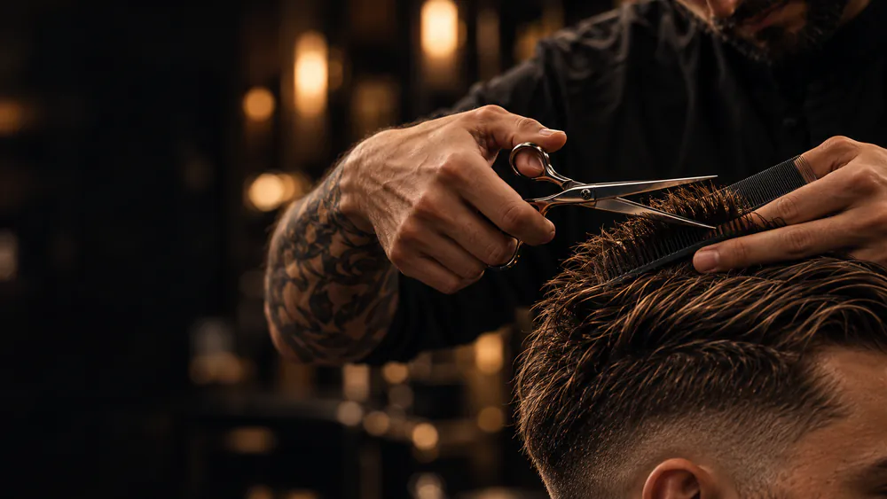 En barbers hænder med saks og kam, der klipper en kundes hår tæt på